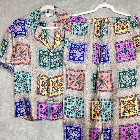 Pierre-Louis Mascia Tops - Pierre-Louis Mascia Womens Silk Graphic Camp Suit Set Beige Size S